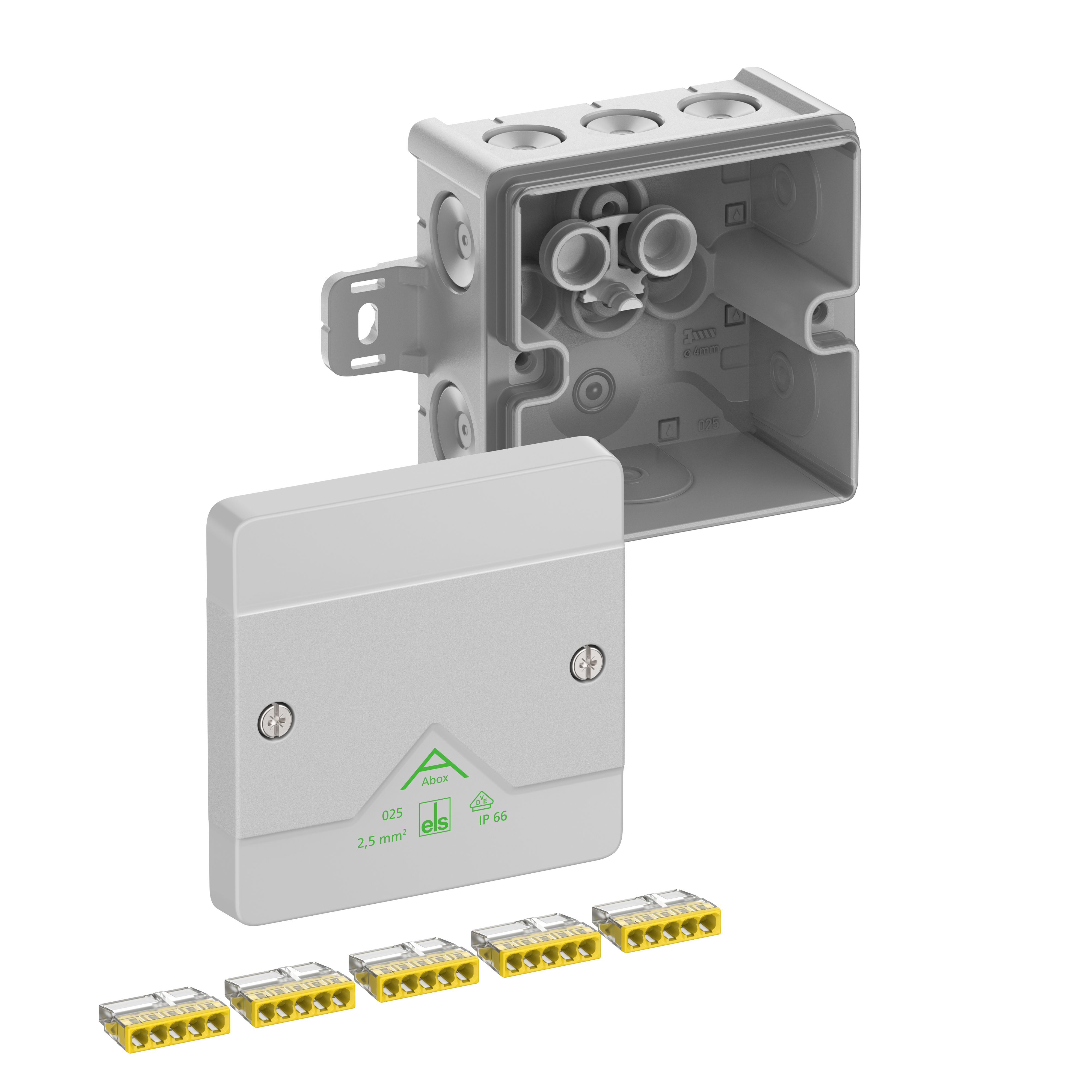 Spelsberg 80242101 Abzweigkasten, Schutzart IP66, max. Leiterquerschnitt 2,5mm², Schlagfestigkeit IK07, Schutzklasse II, Ui 450V AC, Ui 450V DC, DLG, VDE, halogenfrei