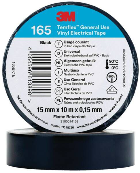 3M 7100184723 Temflex Vinyl-Isolierband 165, 15 mm x 10 m, schwarz